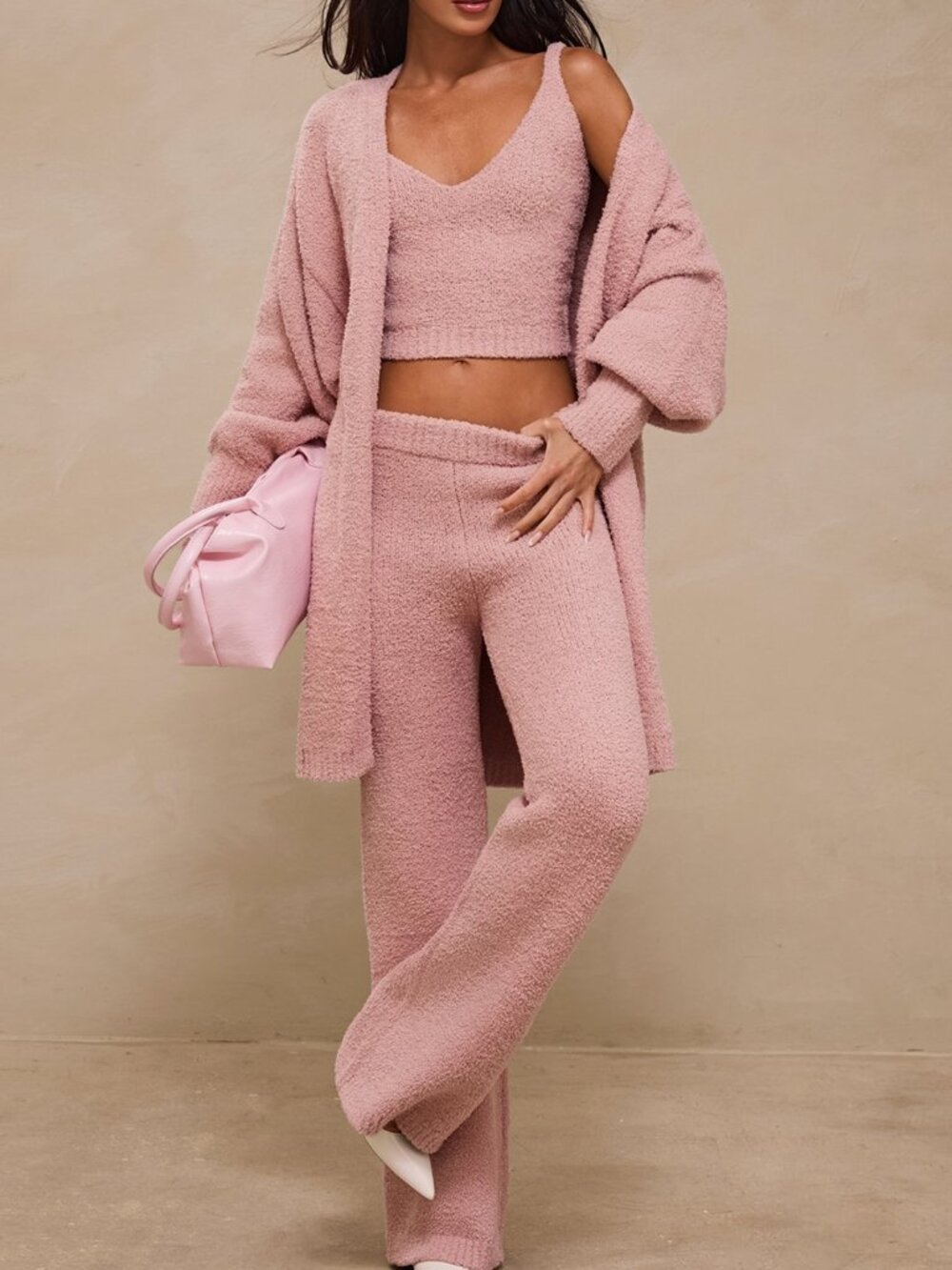 Pink Casual Women's Plain Drop Sleeve Button Front Long Pants Knit Set